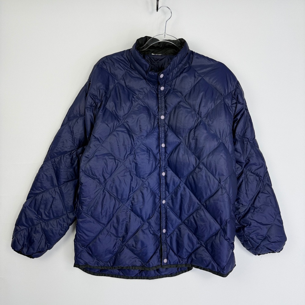 Montbell Down Jacket Mens M Navy Blue Diamond Quilt Snap Mock Neck 1101194